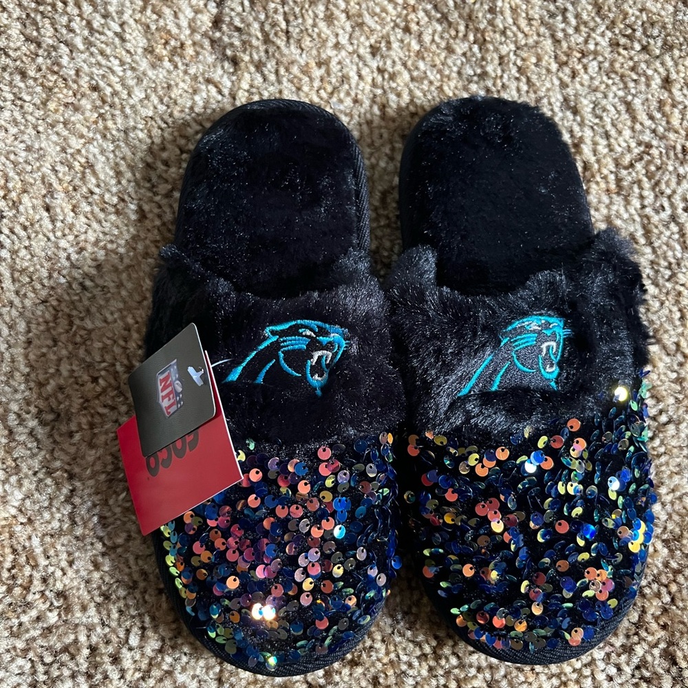 NFL Carolina Panthers Sequin Black and Blue Slippers. Women’s size 7-8